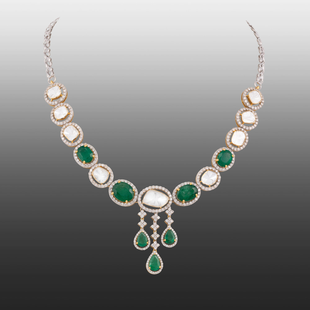 Polki and Zambian Emerald Necklace with Cascading Drops
